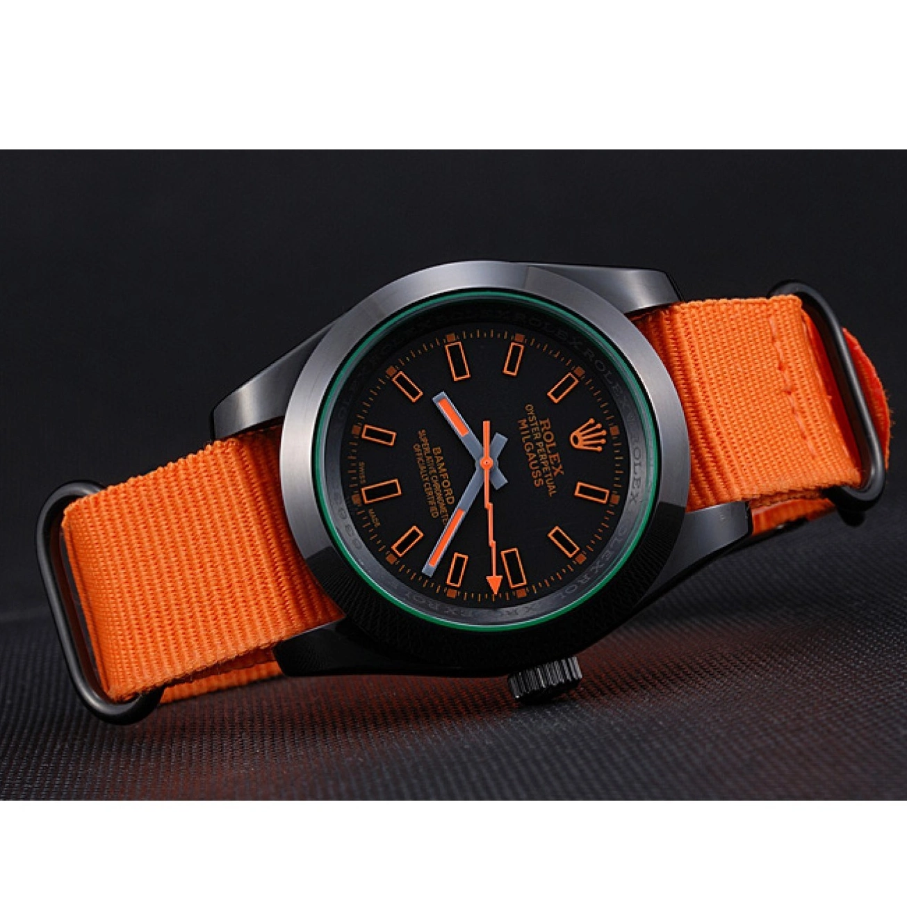 AAA replica watch 622003 Orange Rolex Strap Nylon Milgauss Bamford 0728